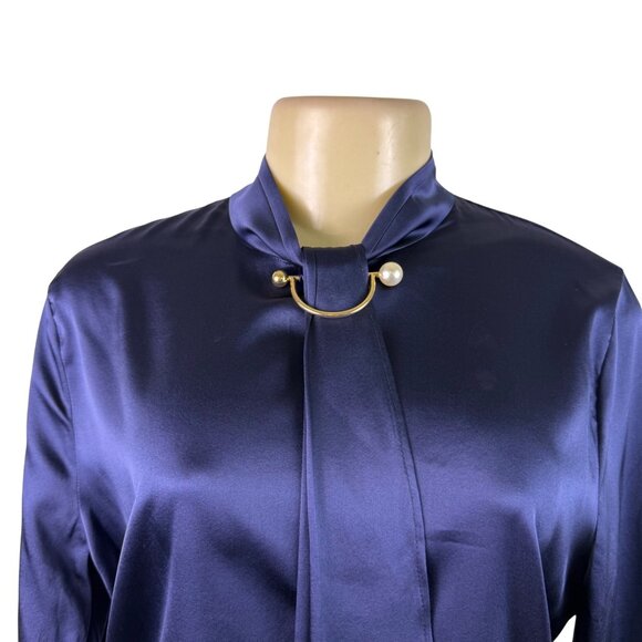 LILYSILK Womens Navy Blue Silk Long Sleeve Blouse With Tie Neck Detail Size M - Picture 6 of 11